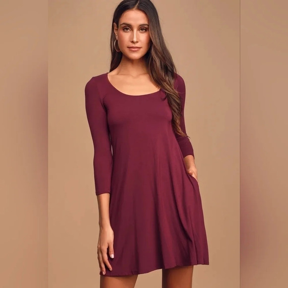 Lulu's Twirl Power Wine Dark Red Swing Dress size XS Basic Office Pockets Trendy - Picture 1 of 7